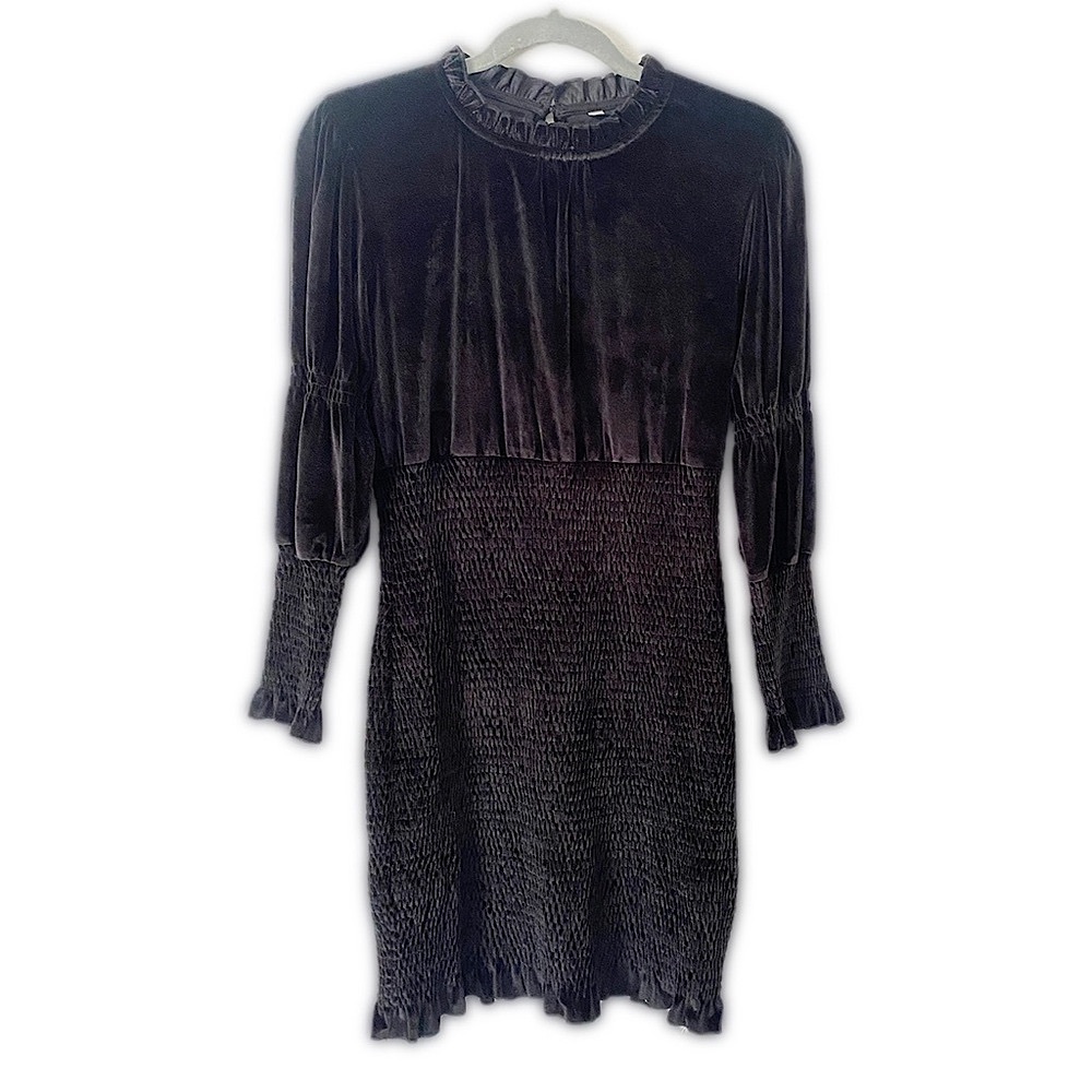 French Connection Little Black Velvet Dress Ruffle Long Sleeve Stretch Mini M - Picture 2 of 10